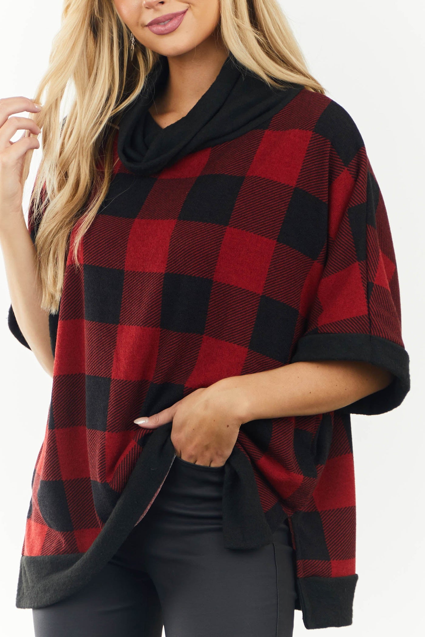 Cherry and Black Buffalo Plaid Oversized Top with Cowl Neck