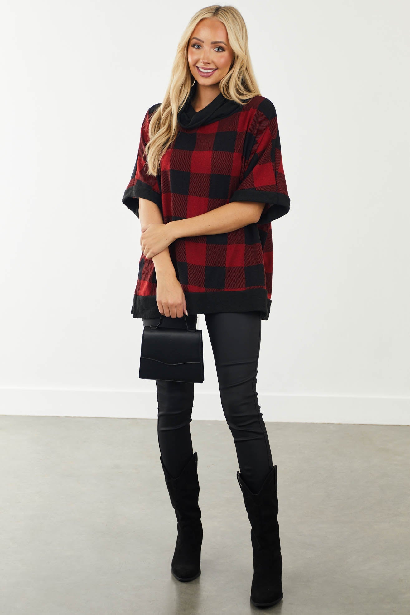 Cherry and Black Buffalo Plaid Oversized Top with Cowl Neck