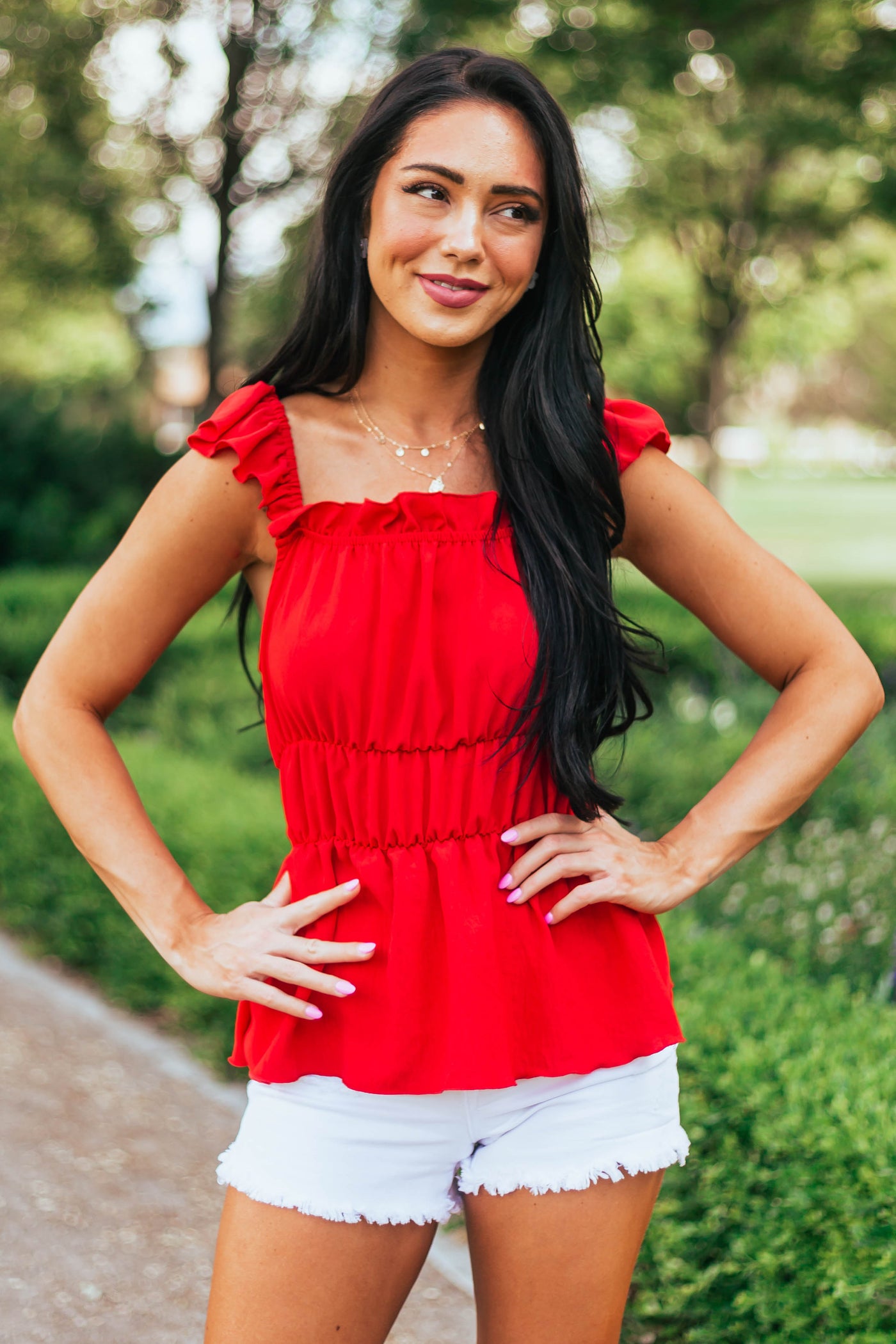 Cherry Ruffle Strap Elastic Waist Peplum Top