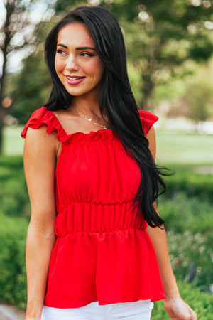 Cherry Ruffle Strap Elastic Waist Peplum Top