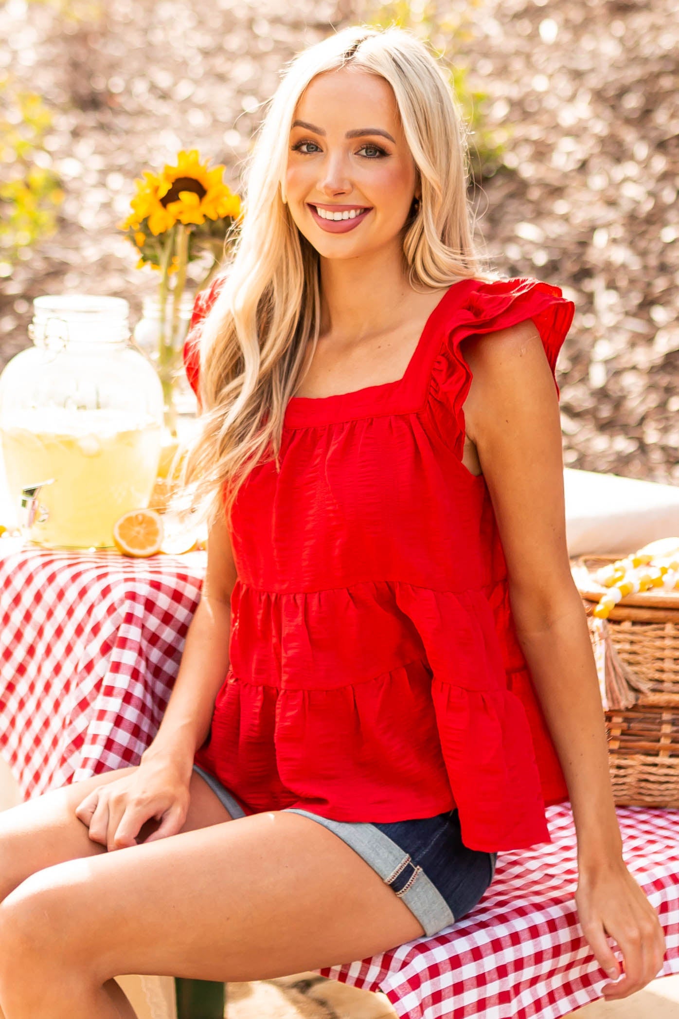 Cherry Square Neck Ruffle Tiered Blouse