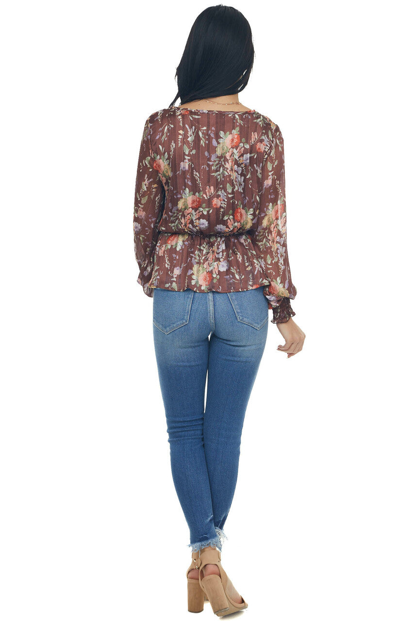 Chestnut Floral Print Surplice Peplum Blouse