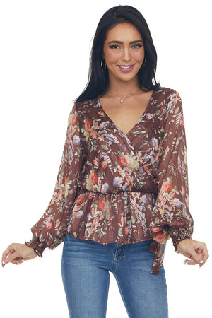 Chestnut Floral Print Surplice Peplum Blouse