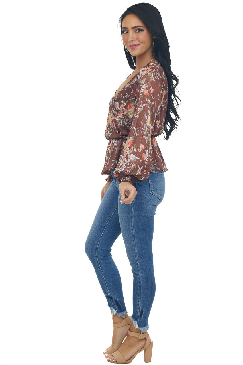 Chestnut Floral Print Surplice Peplum Blouse