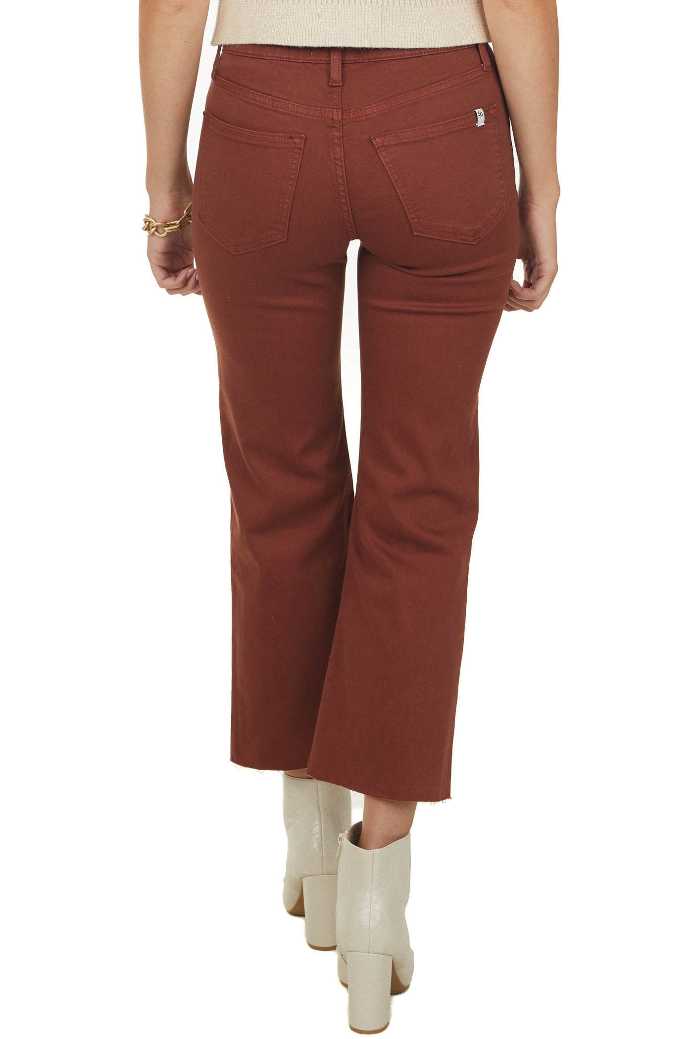 Chestnut High Rise Cropped Flare Jeans with Raw Hem