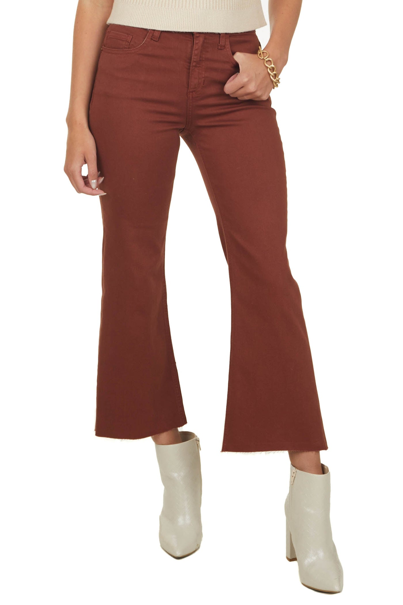 Chestnut High Rise Cropped Flare Jeans with Raw Hem