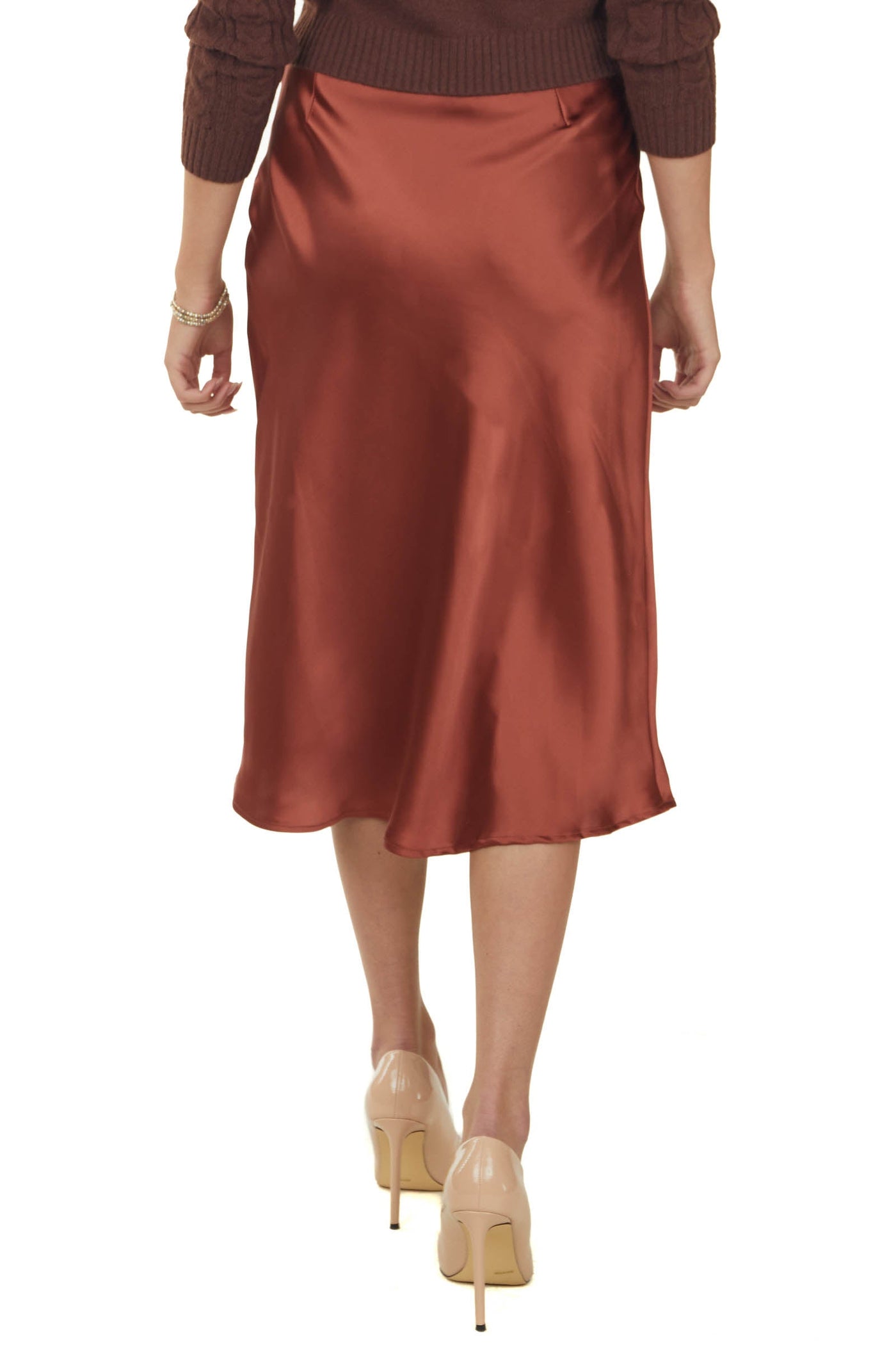 Chestnut Silky Satin Solid Midi Skirt