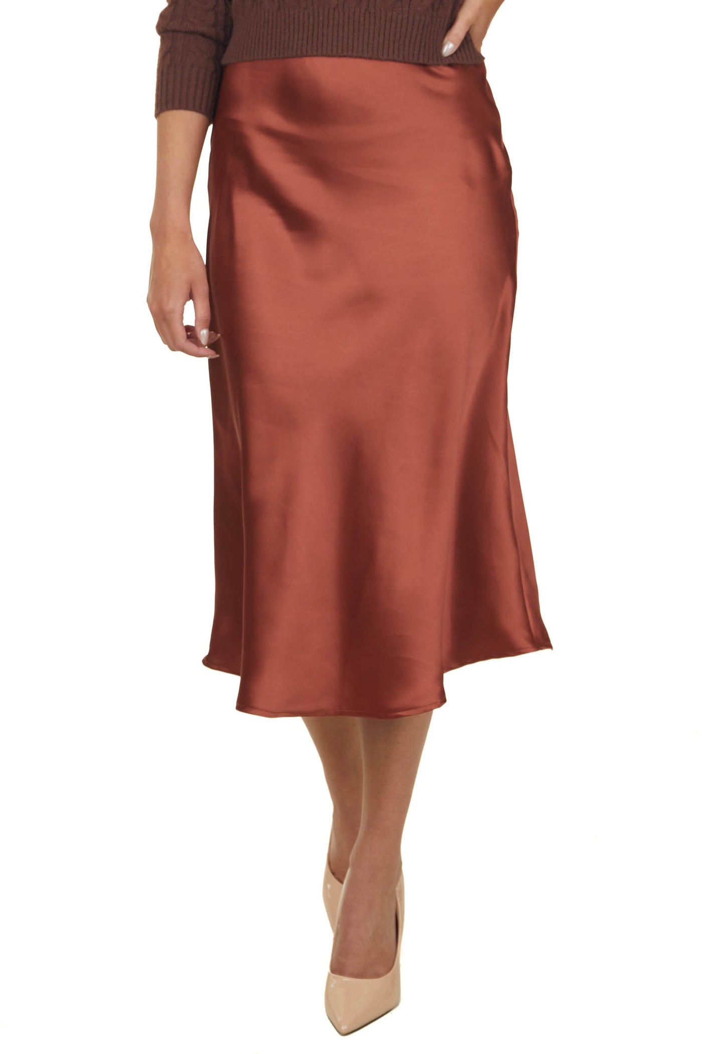 Chestnut Silky Satin Solid Midi Skirt