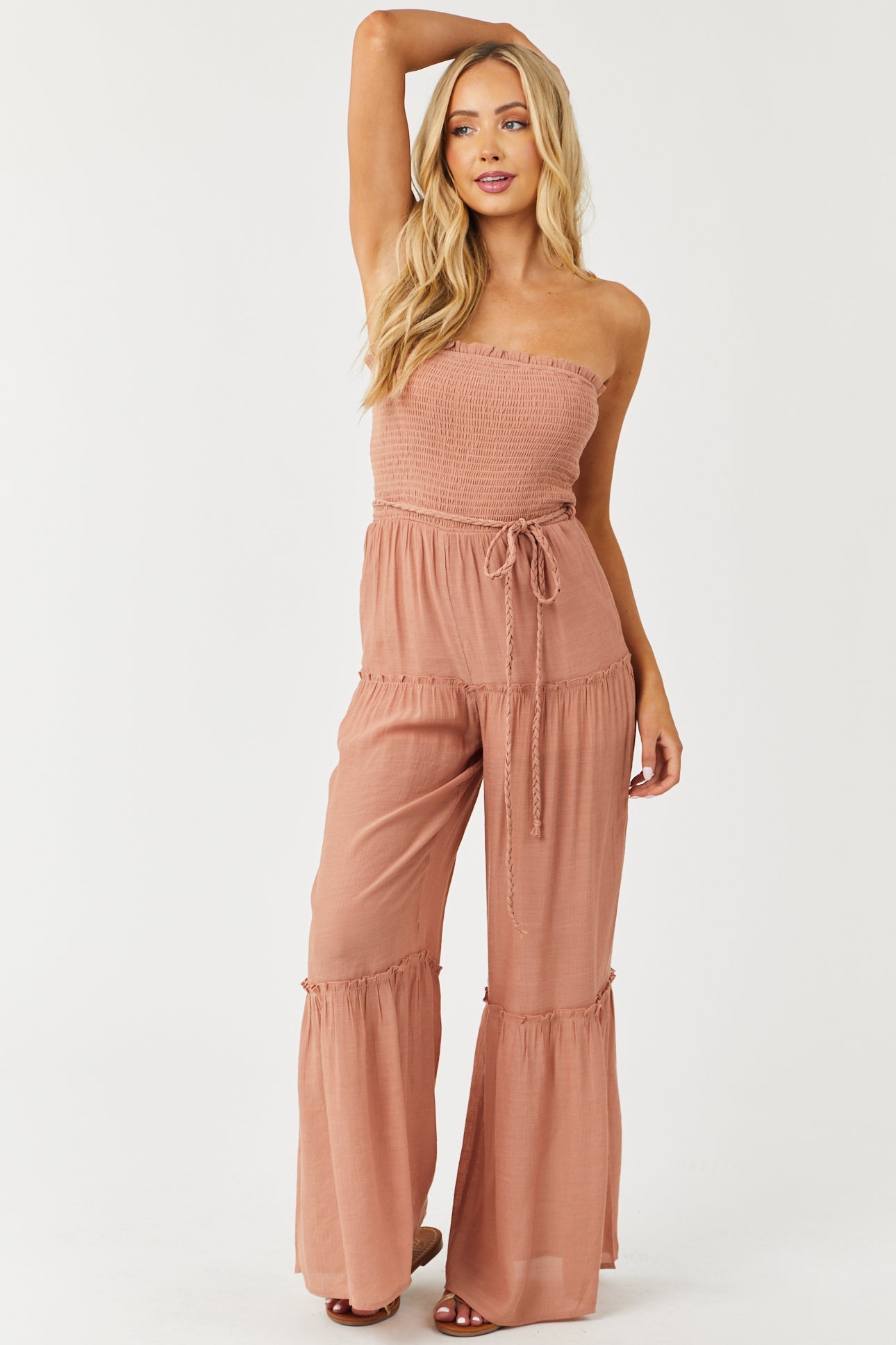 Chestnut Strapless Smocked Jumpsuit with Tie Detail