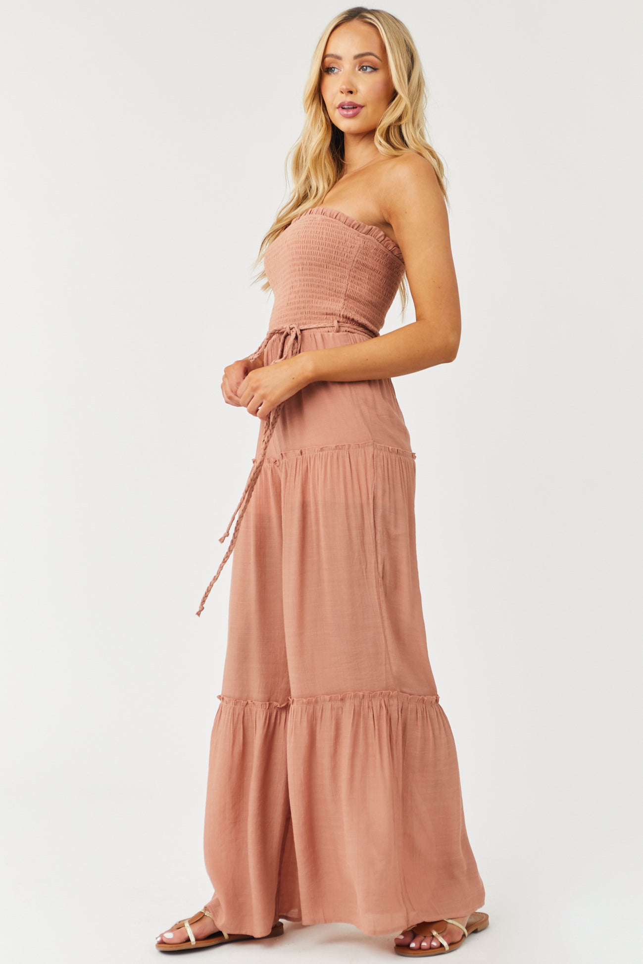 Chestnut Strapless Smocked Jumpsuit with Tie Detail