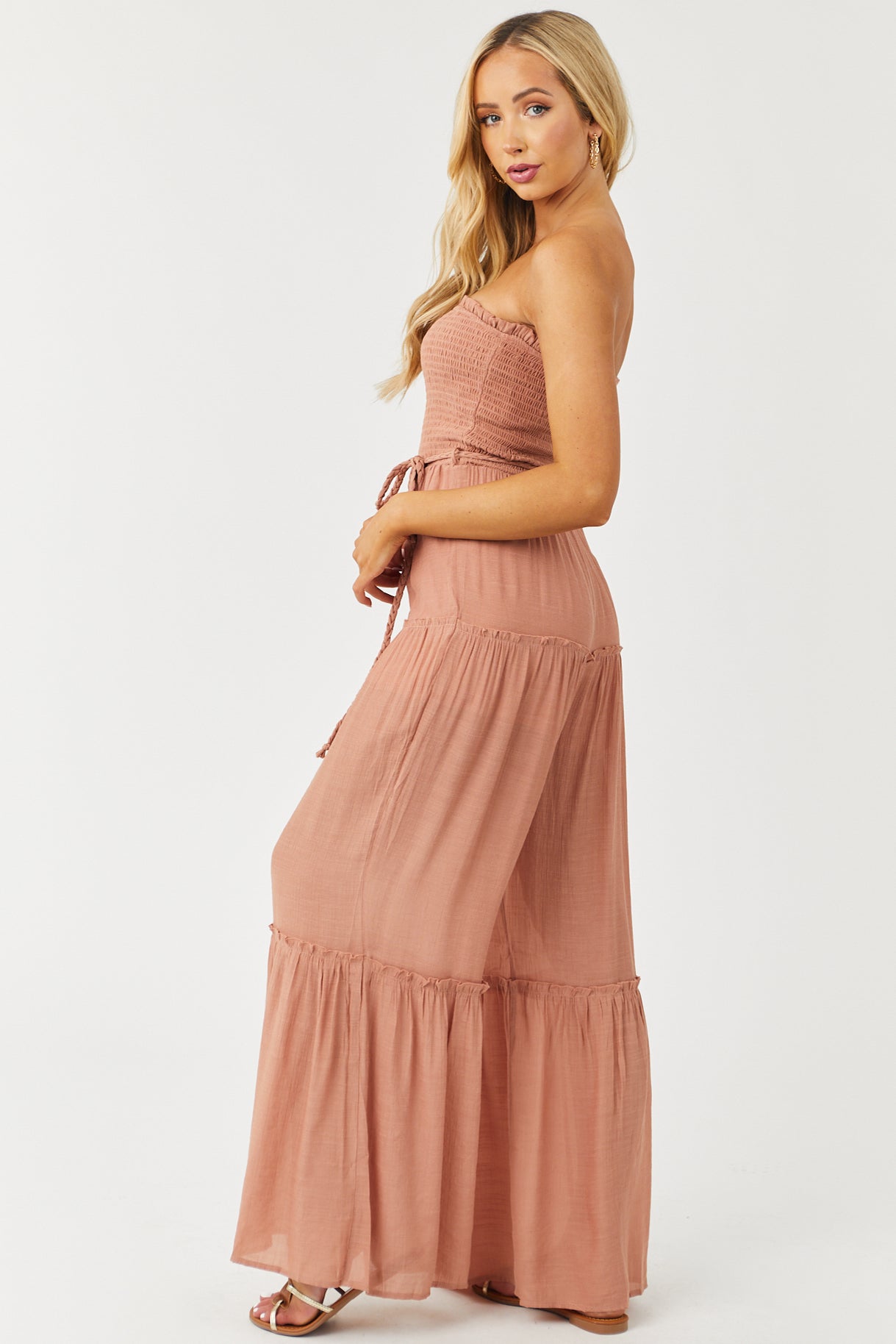 Chestnut Strapless Smocked Jumpsuit with Tie Detail