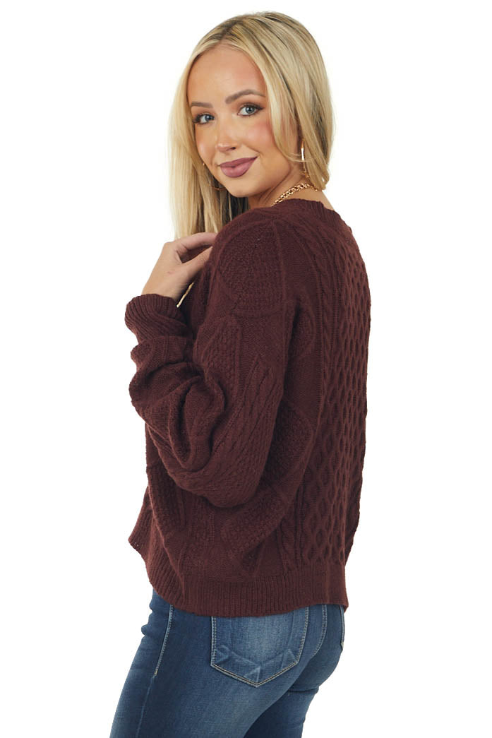 Chestnut V Neck Cable Knit Sweater
