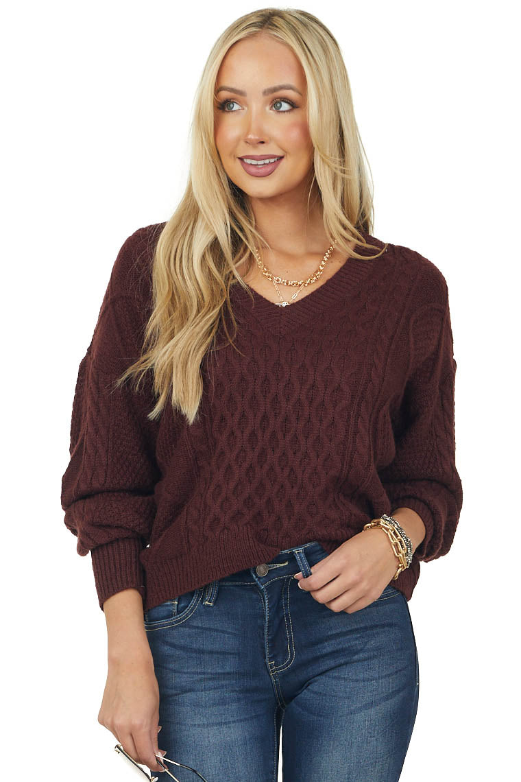 Chestnut V Neck Cable Knit Sweater
