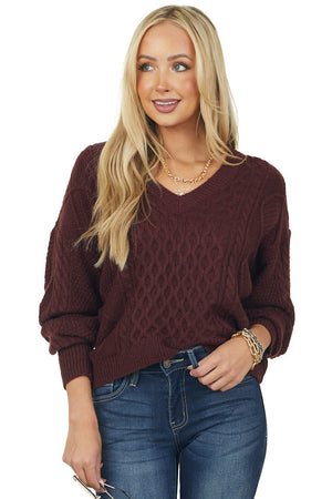 Chestnut V Neck Cable Knit Sweater