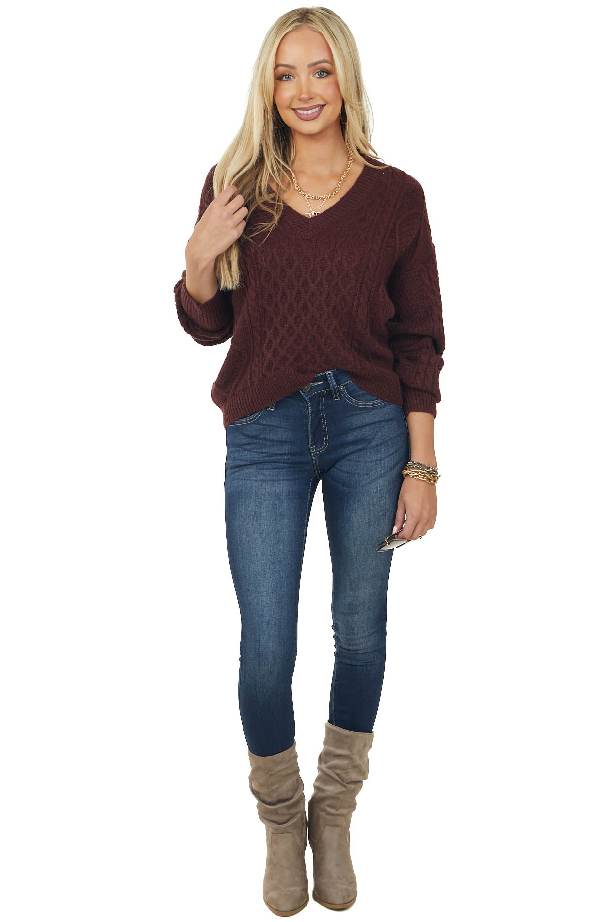 Chestnut V Neck Cable Knit Sweater