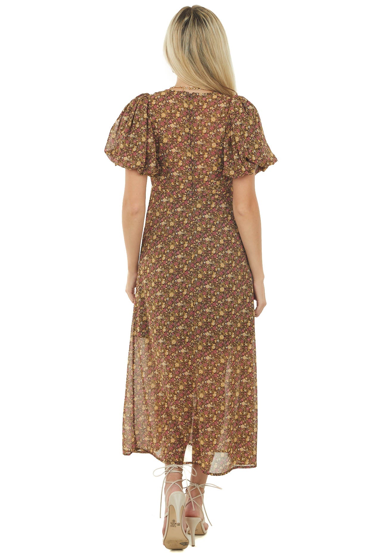 Chocolate Ditsy Floral Short Sleeve Maxi Dress
