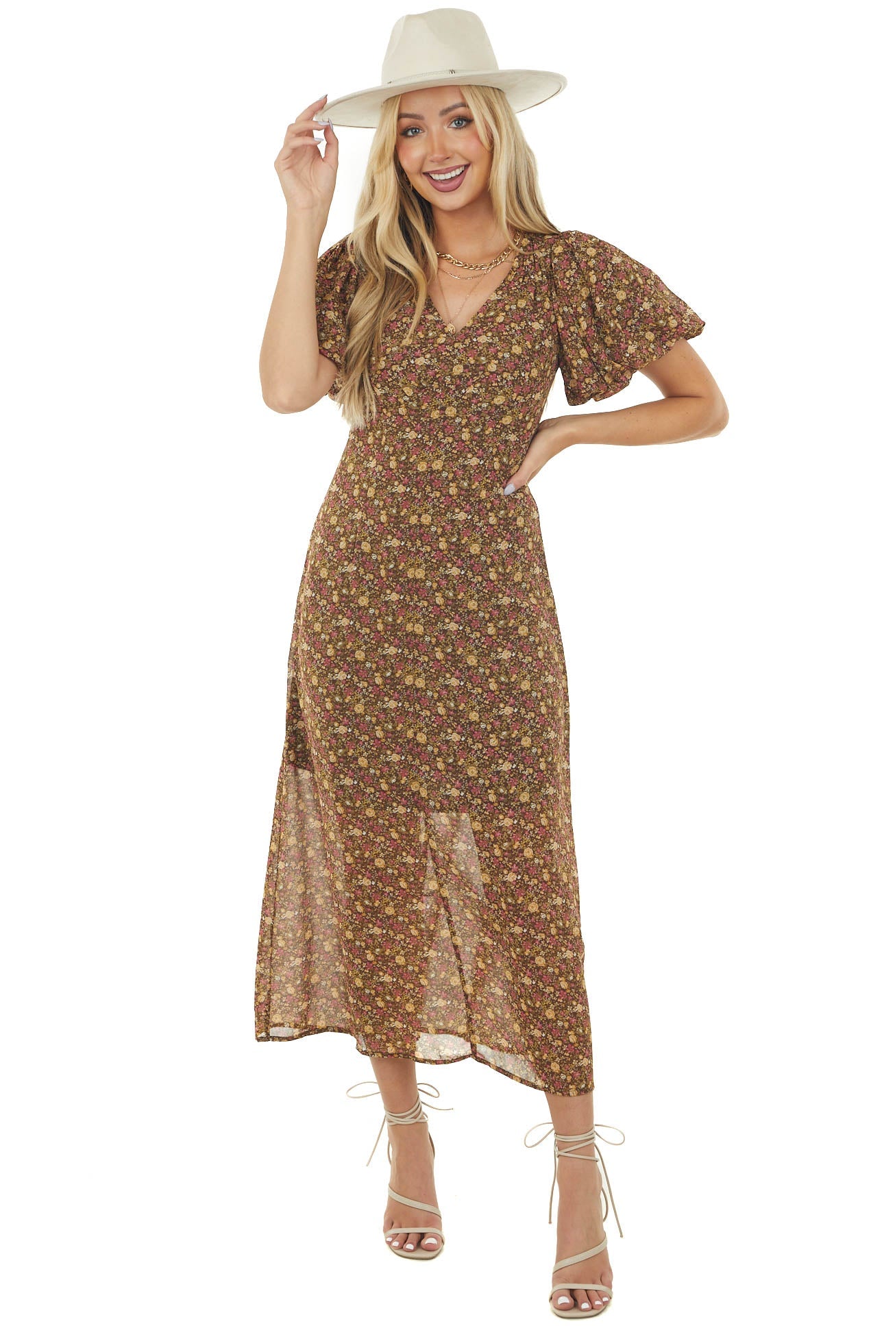 Chocolate Ditsy Floral Short Sleeve Maxi Dress