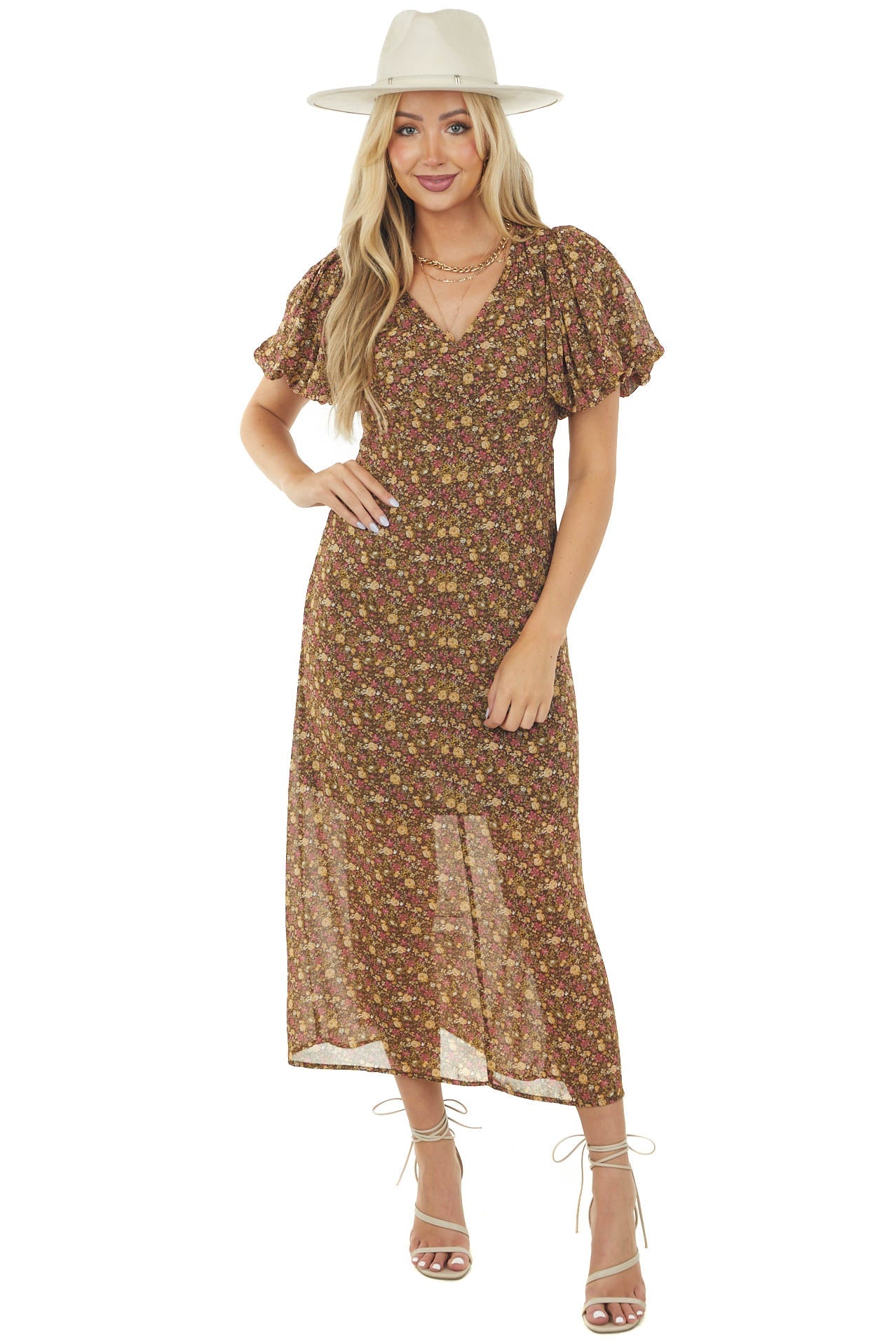 Chocolate Ditsy Floral Short Sleeve Maxi Dress