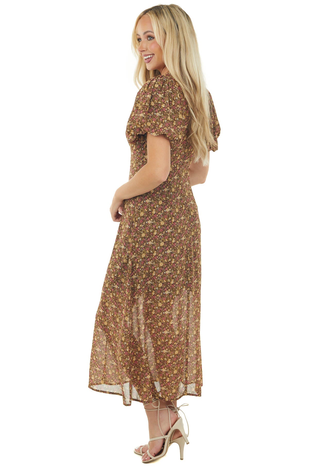Chocolate Ditsy Floral Short Sleeve Maxi Dress