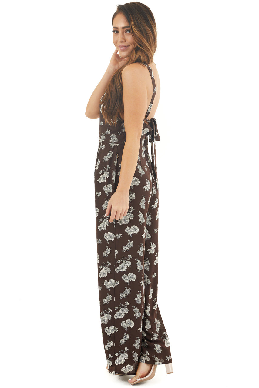Chocolate Floral Print High Neck Jumpsuit with Side Pockets