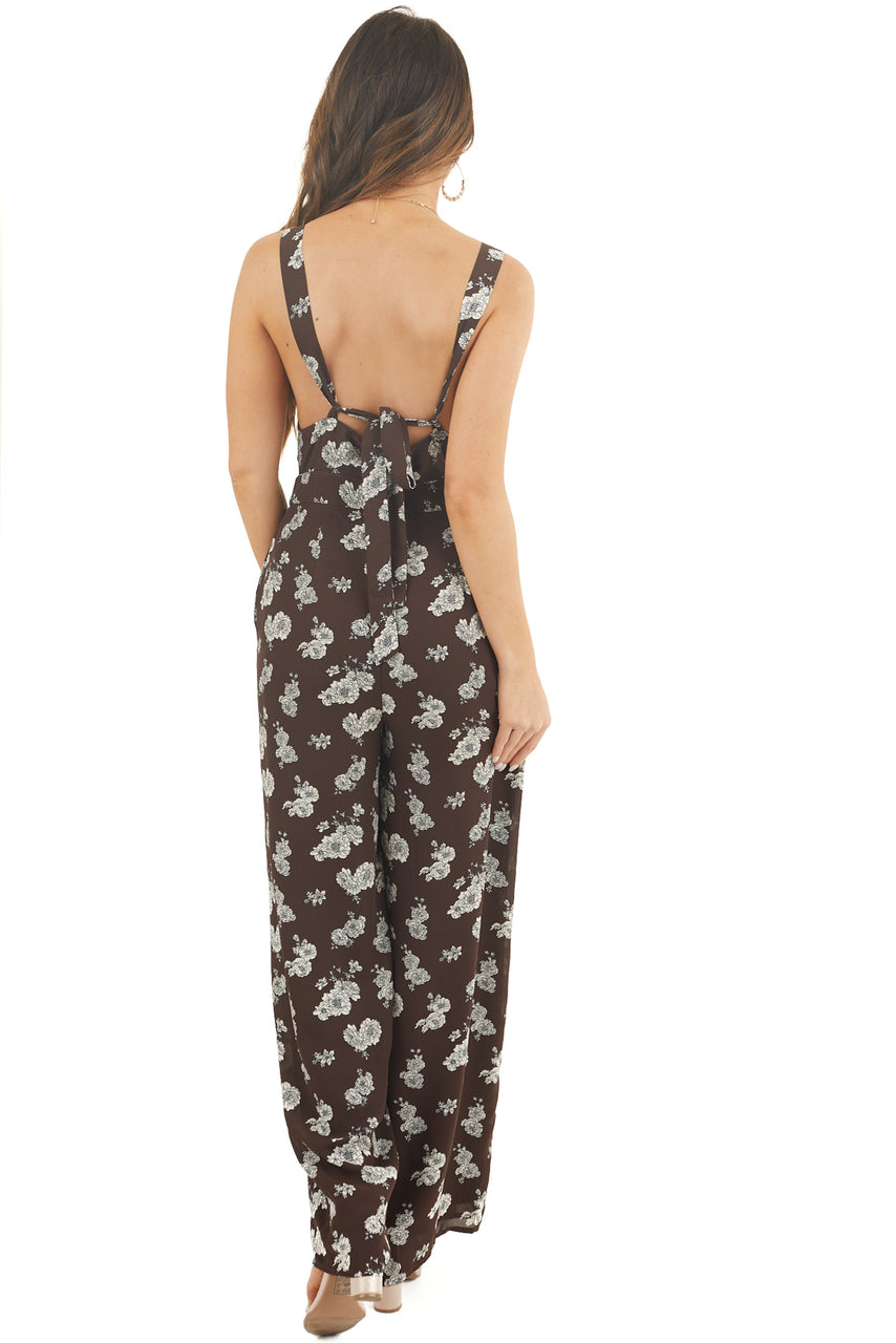 Chocolate Floral Print High Neck Jumpsuit with Side Pockets