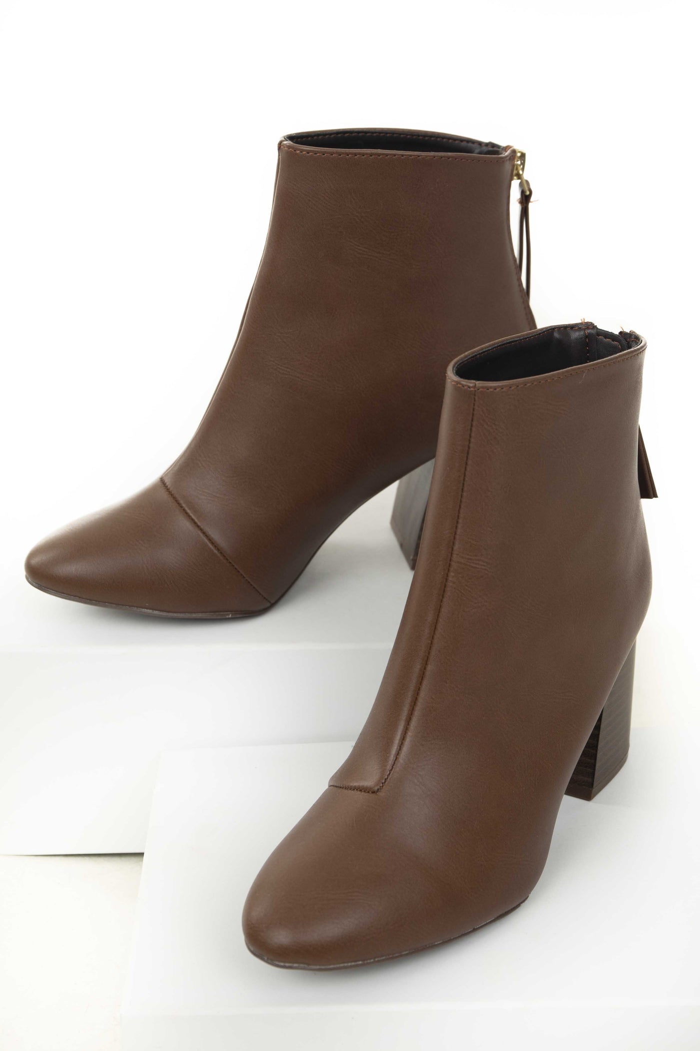 Chocolate Pleather Zipper Back Pointed Toe Booties