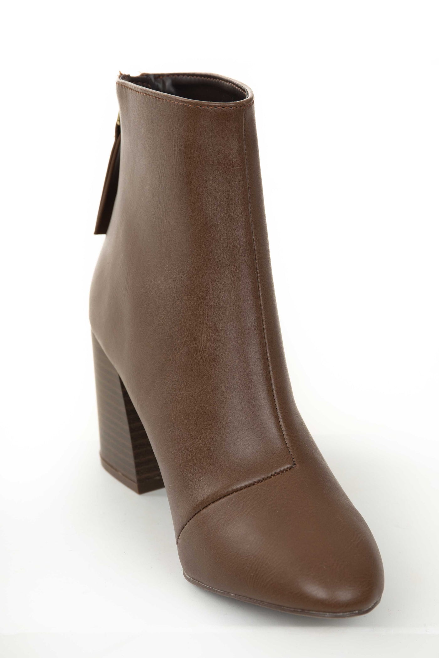 Chocolate Pleather Zipper Back Pointed Toe Booties