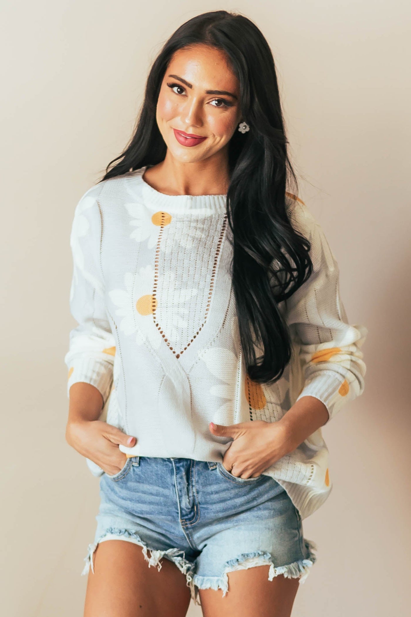 Cloud Grey Flower Pointelle Lightweight Sweater