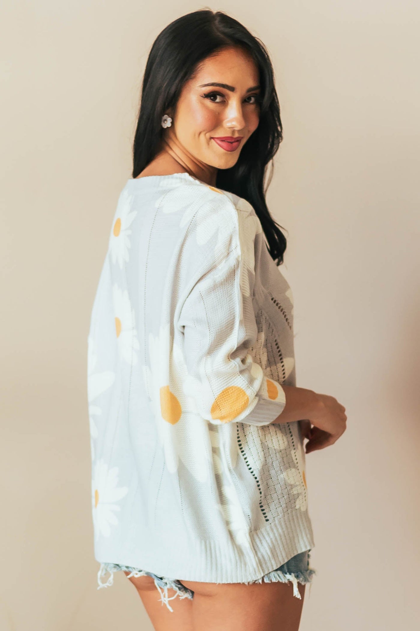 Cloud Grey Flower Pointelle Lightweight Sweater