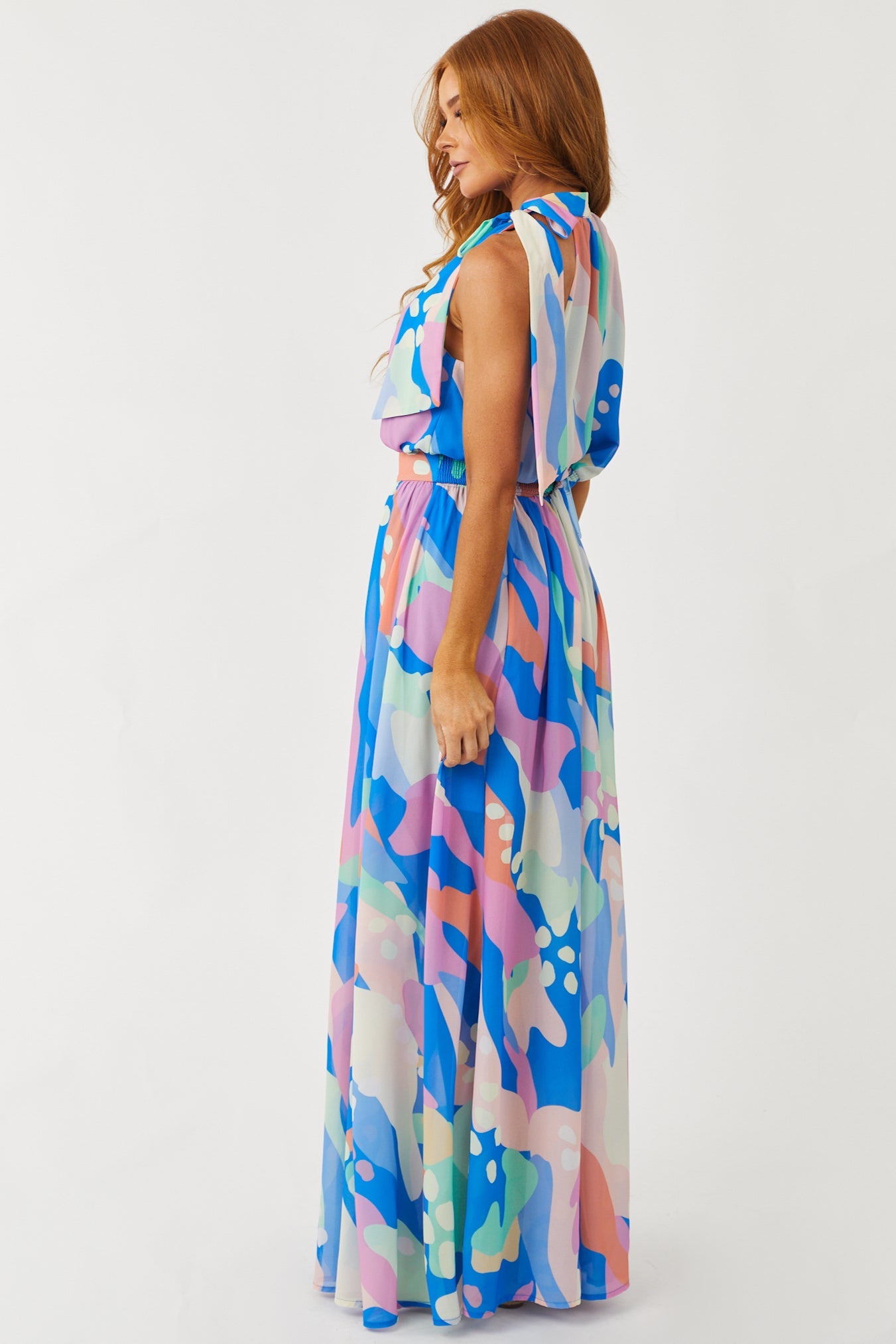 Cobalt Abstract Print Halter Neck Tie Maxi Dress