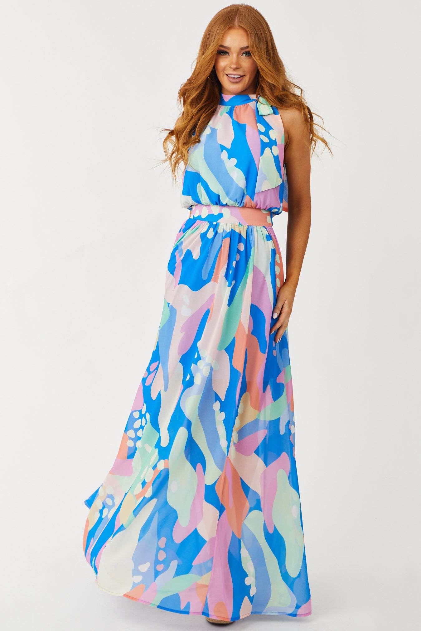 Cobalt Abstract Print Halter Neck Tie Maxi Dress