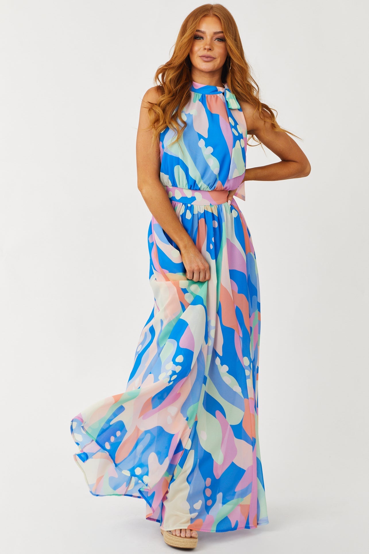 Cobalt Abstract Print Halter Neck Tie Maxi Dress