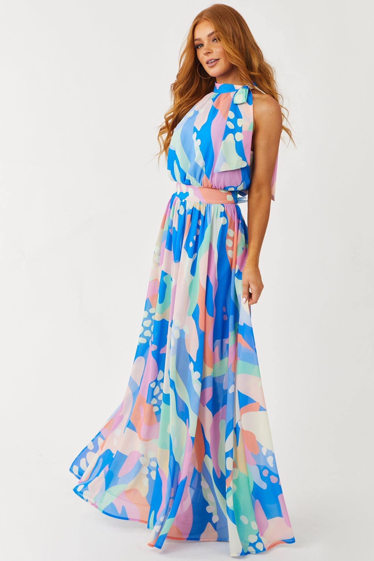 Cobalt Abstract Print Halter Neck Tie Maxi Dress