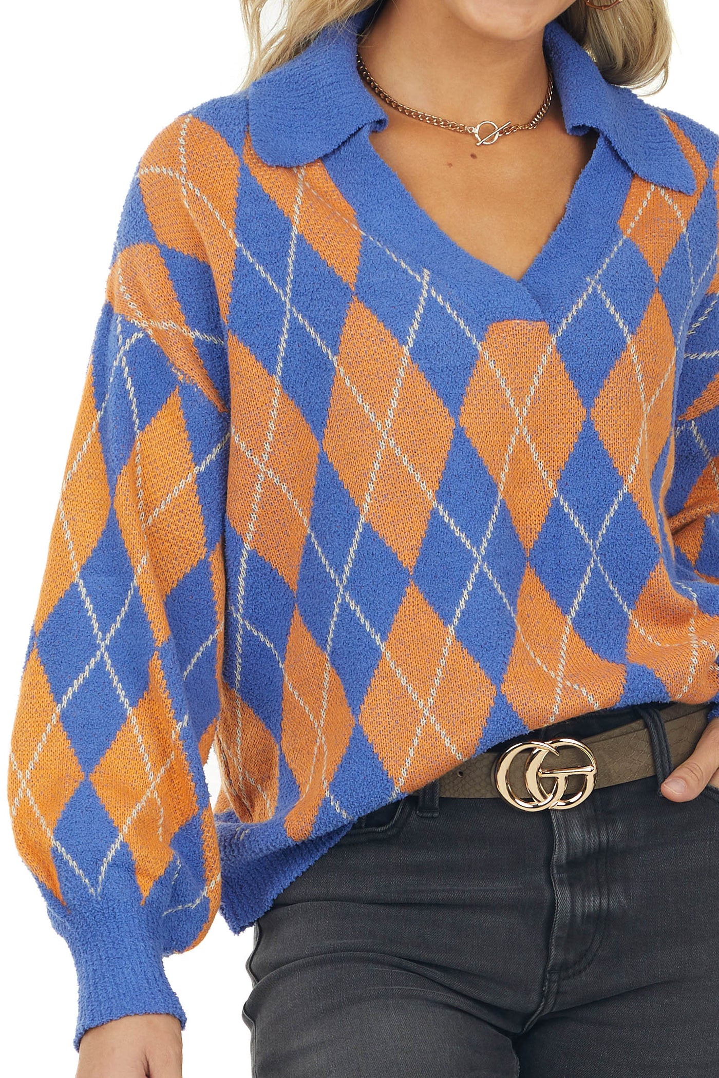 Cobalt Argyle Print Collared Long Sleeve Sweater