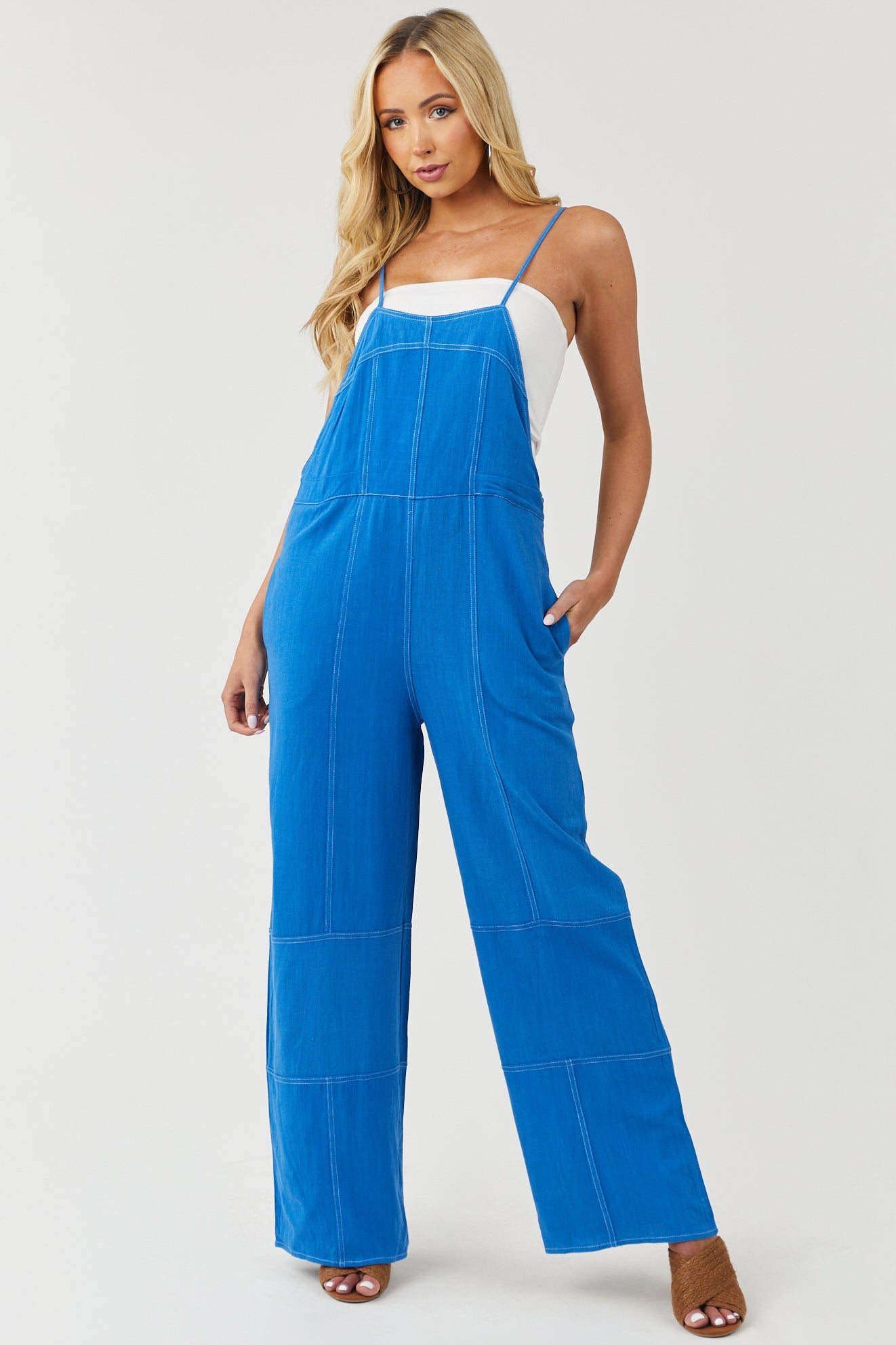 Cobalt Blue Sleeveless Woven Overall Jumpsuit