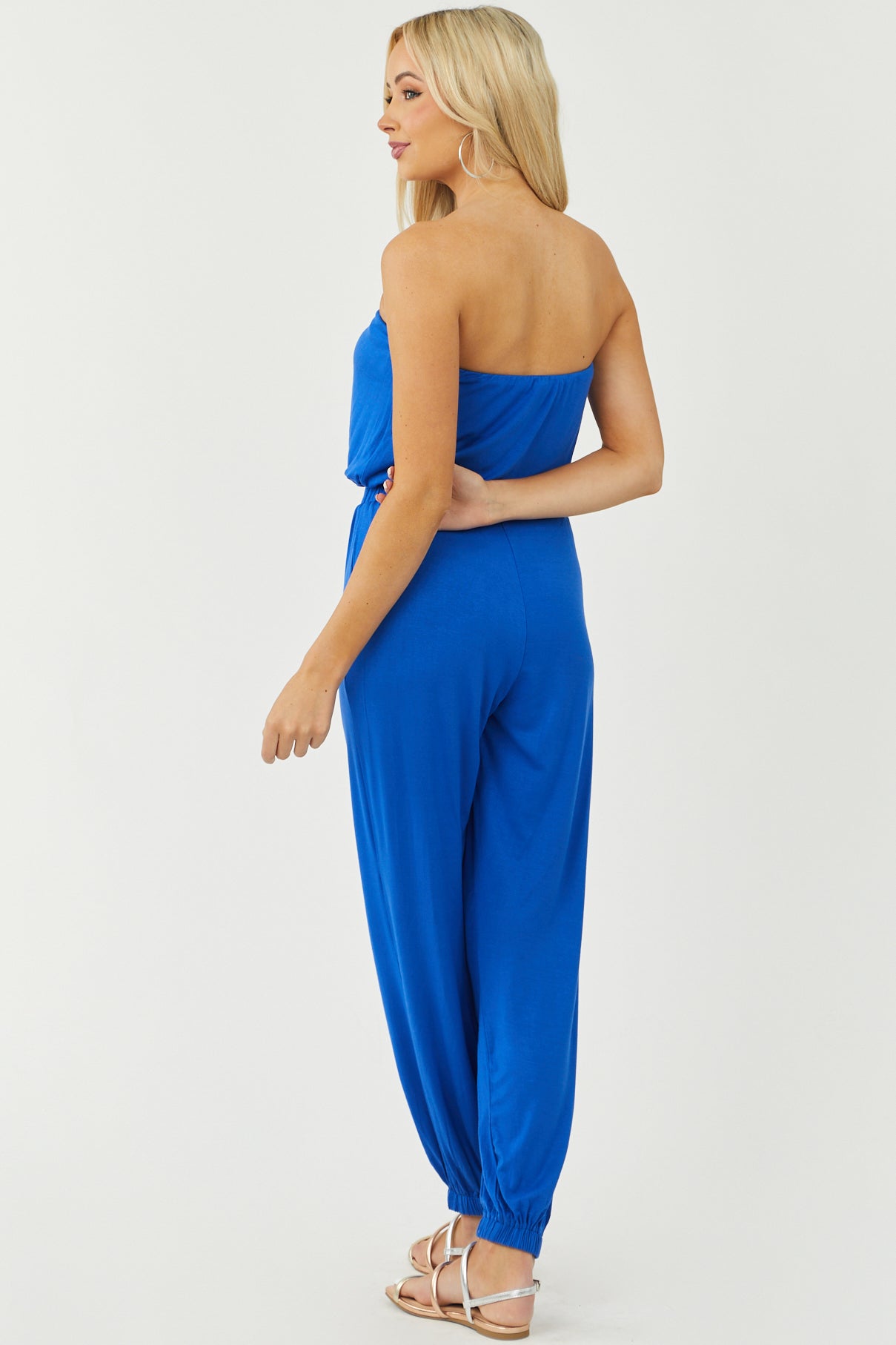 Cobalt Blue Strapless Elastic Waist Jogger Jumpsuit
