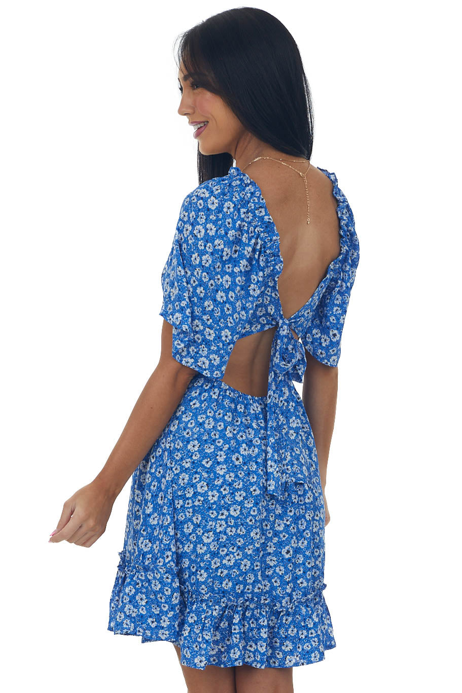 Cobalt Floral Open Back Bell Sleeve Short Dress