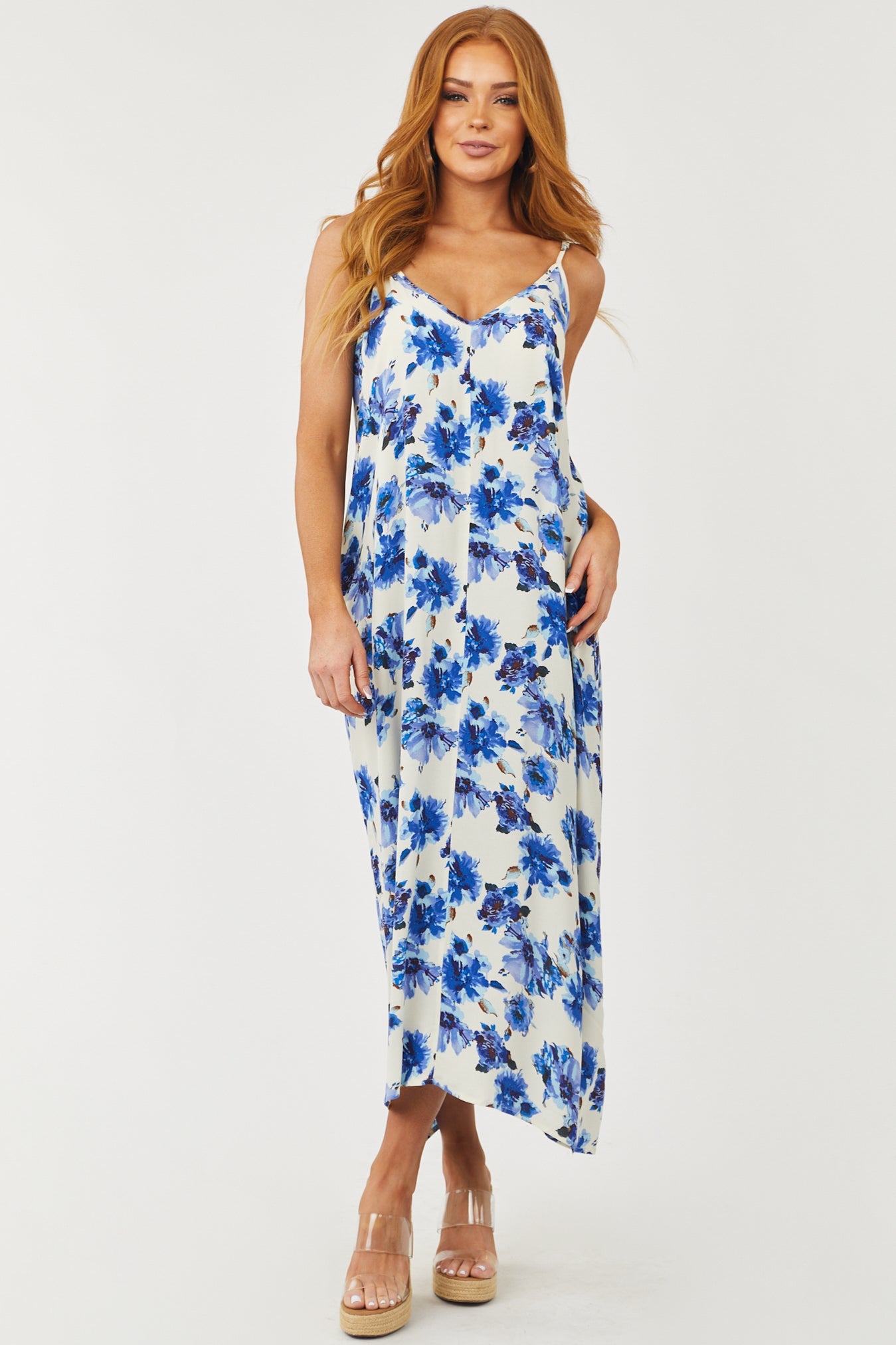 Cobalt Floral Print Sleeveless Woven Maxi Dress
