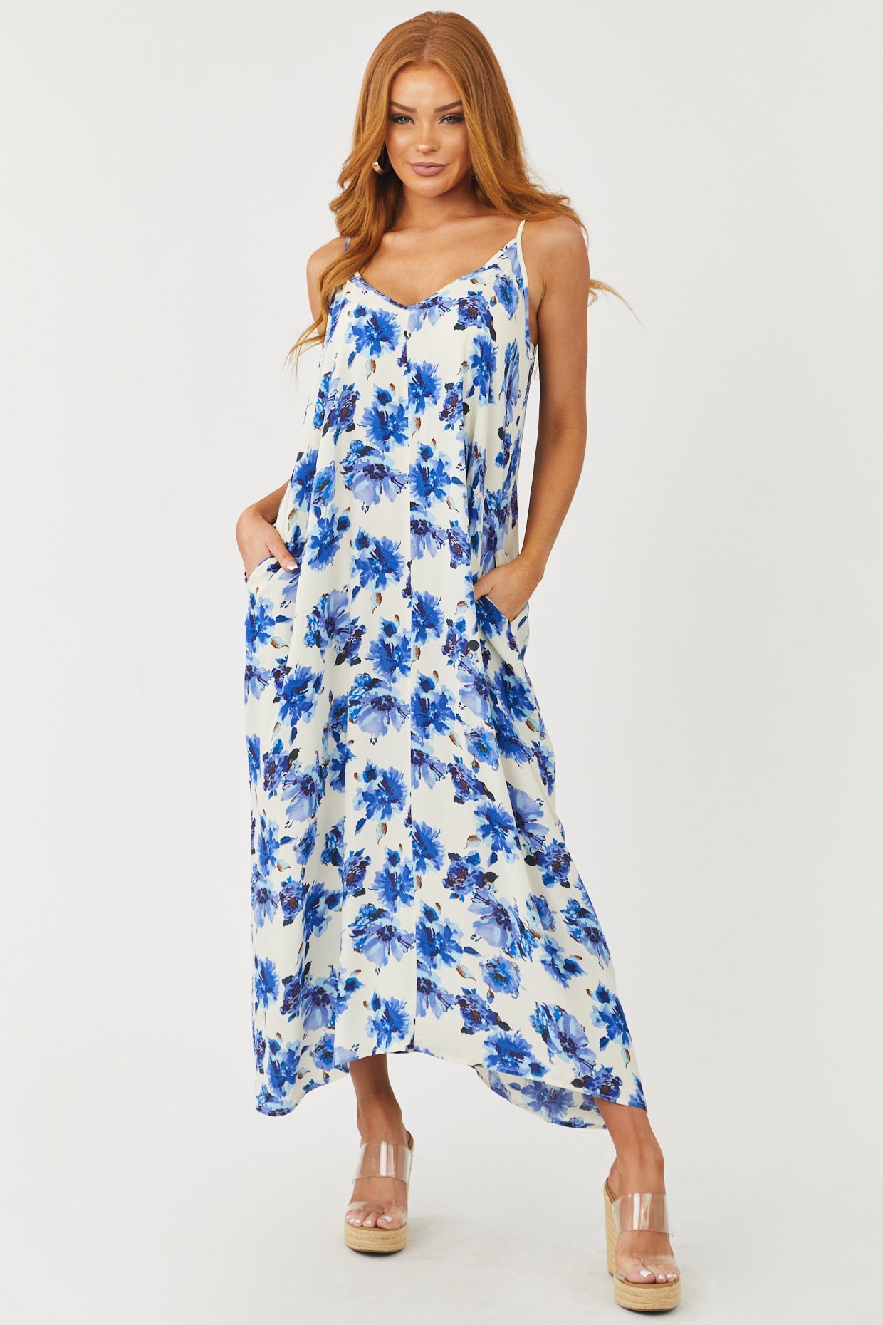 Cobalt Floral Print Sleeveless Woven Maxi Dress