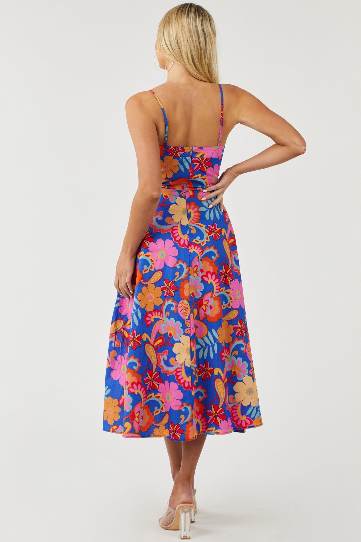 Cobalt Floral Print Sleeveless Woven Midi Dress