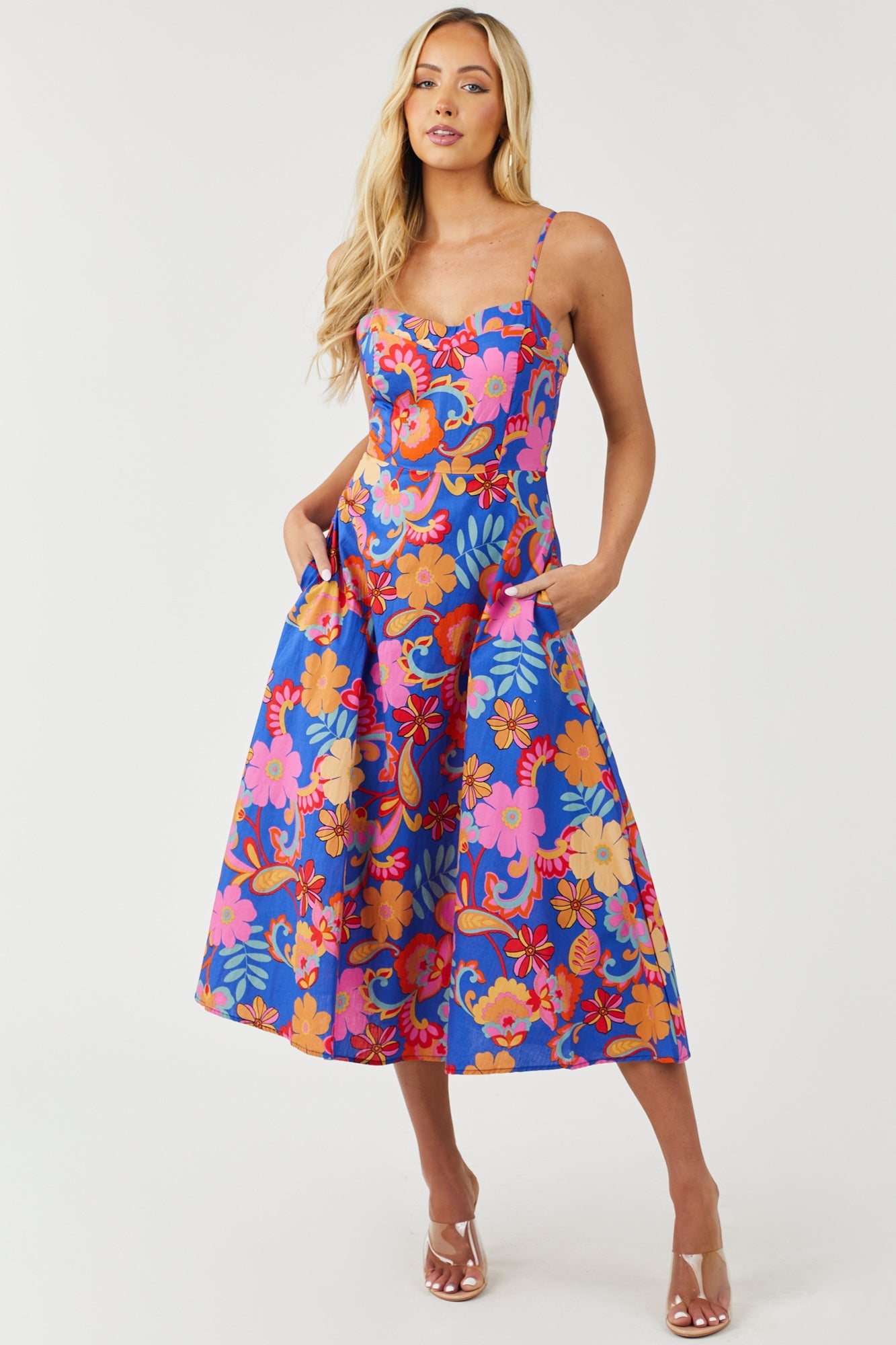 Cobalt Floral Print Sleeveless Woven Midi Dress