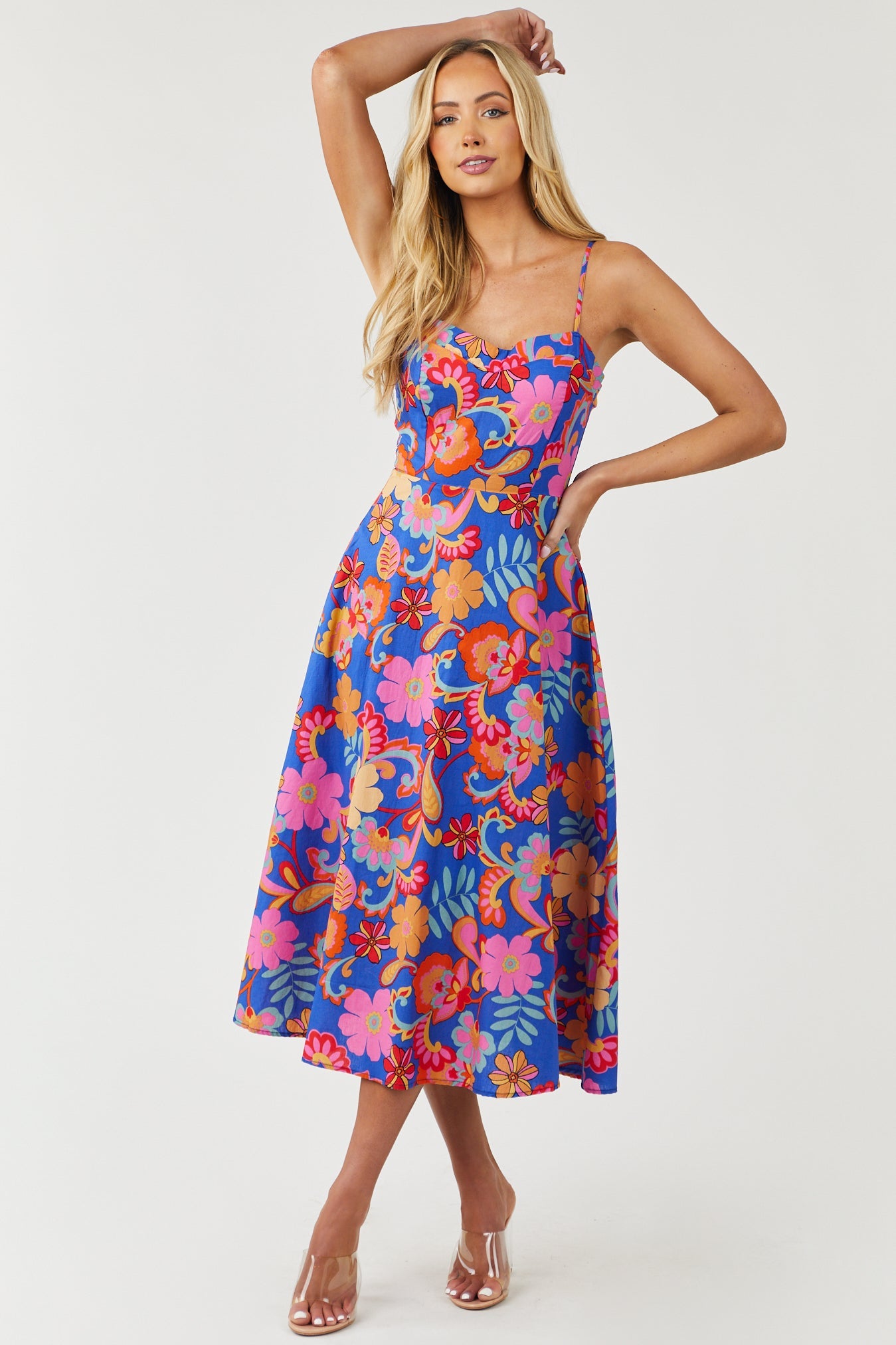 Cobalt Floral Print Sleeveless Woven Midi Dress
