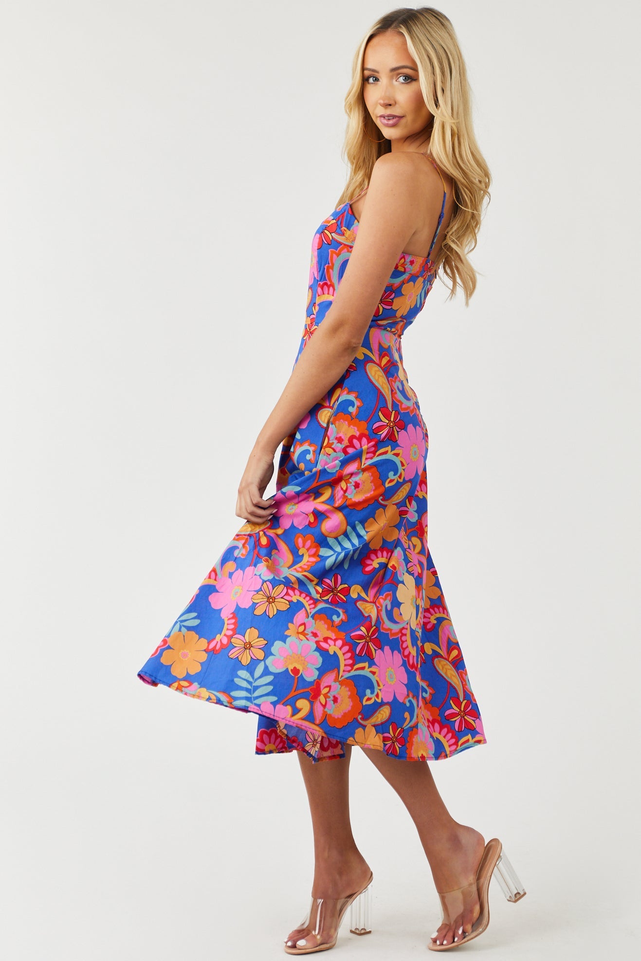 Cobalt Floral Print Sleeveless Woven Midi Dress