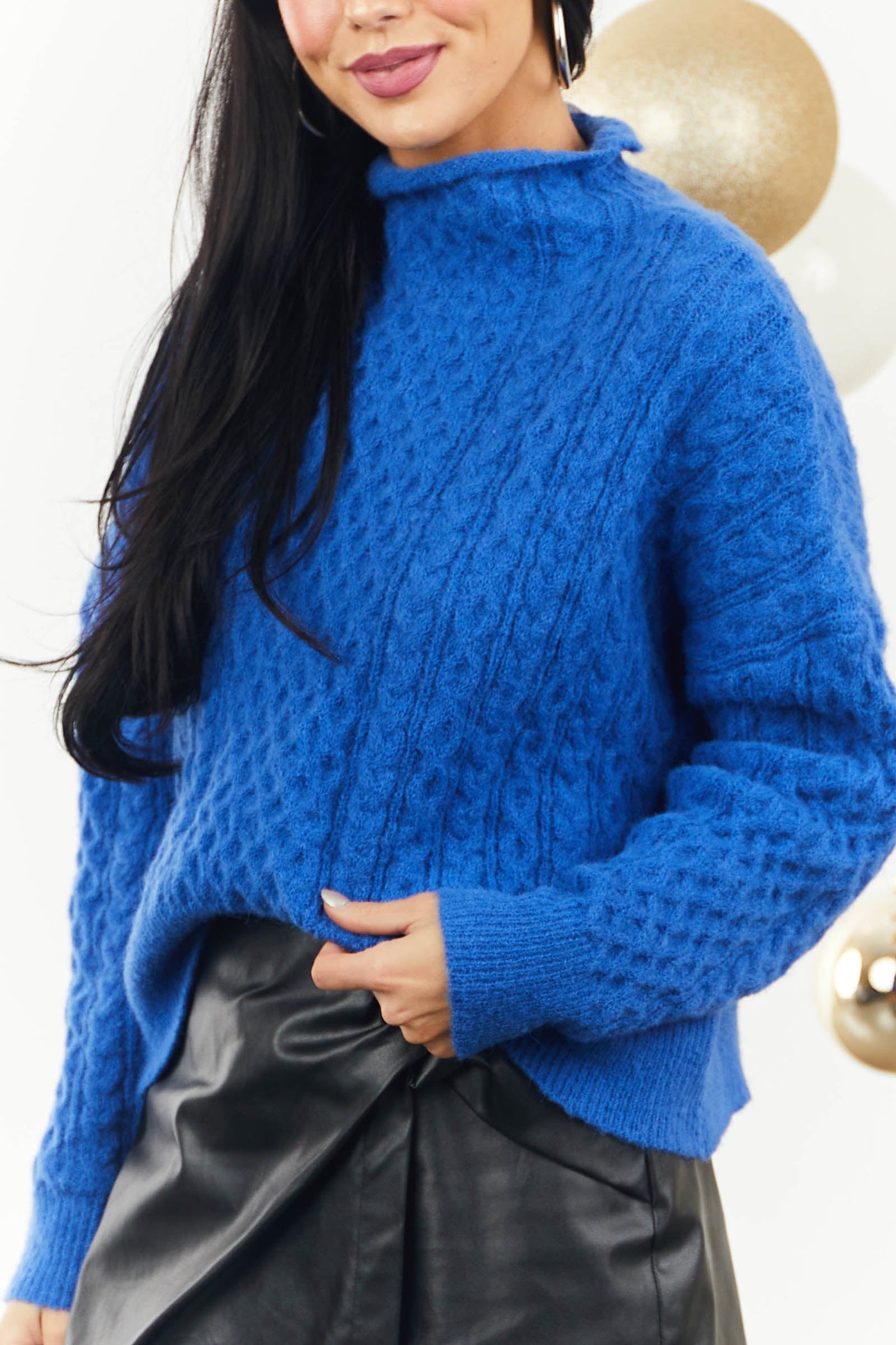 Cobalt Fuzzy Cable Knit Funnel Neck Sweater