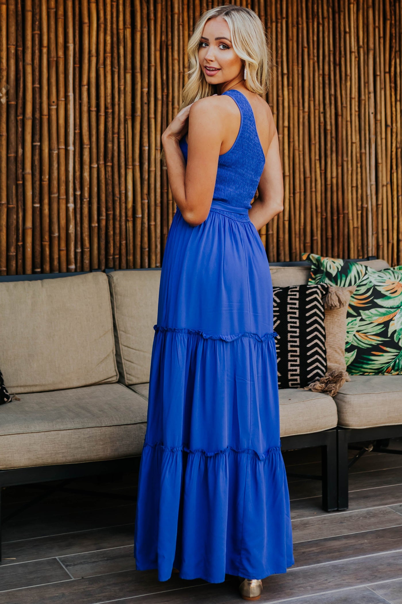 Cobalt One Shoulder Smocked Tiered Maxi Dress