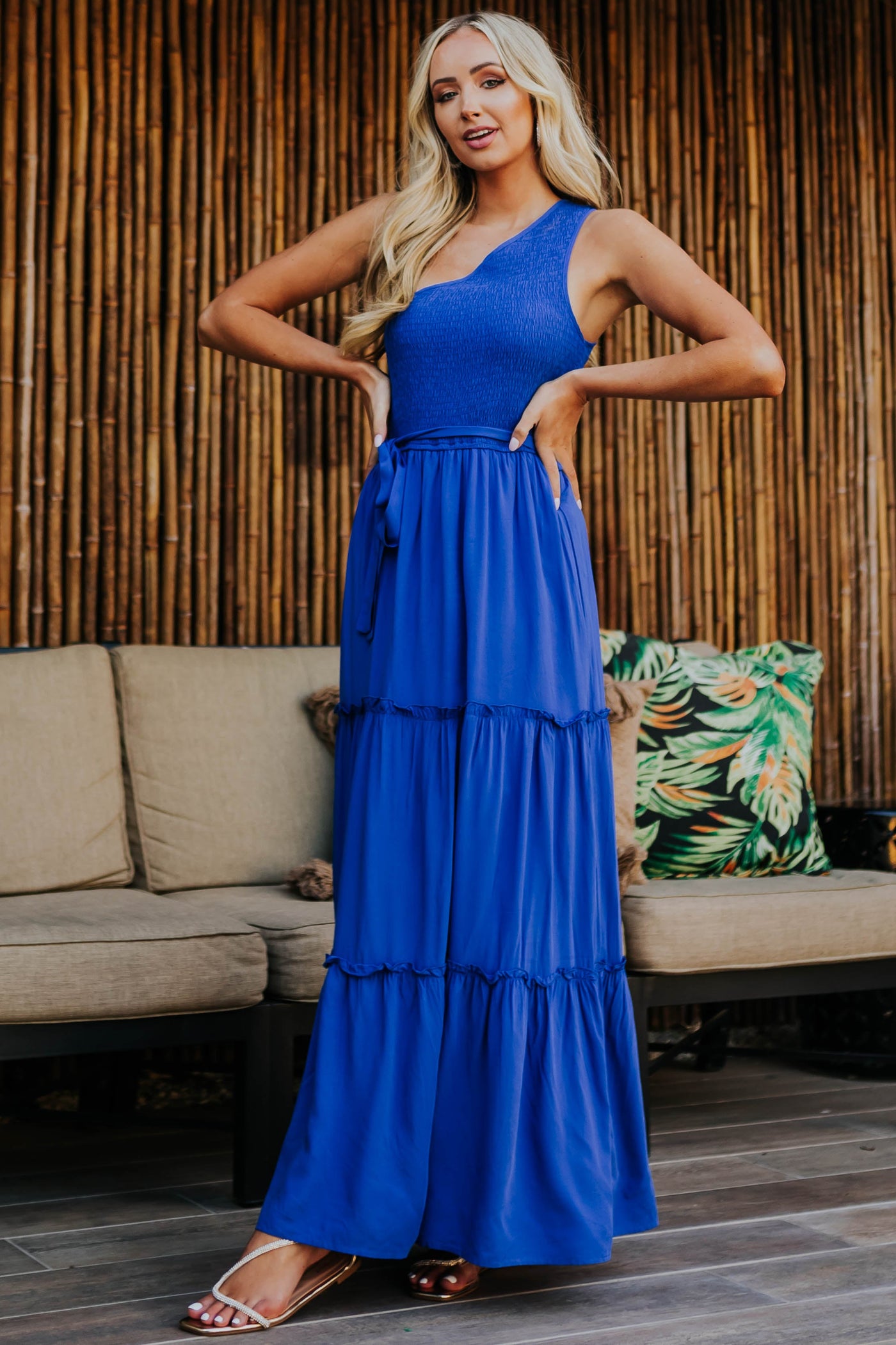 Cobalt One Shoulder Smocked Tiered Maxi Dress