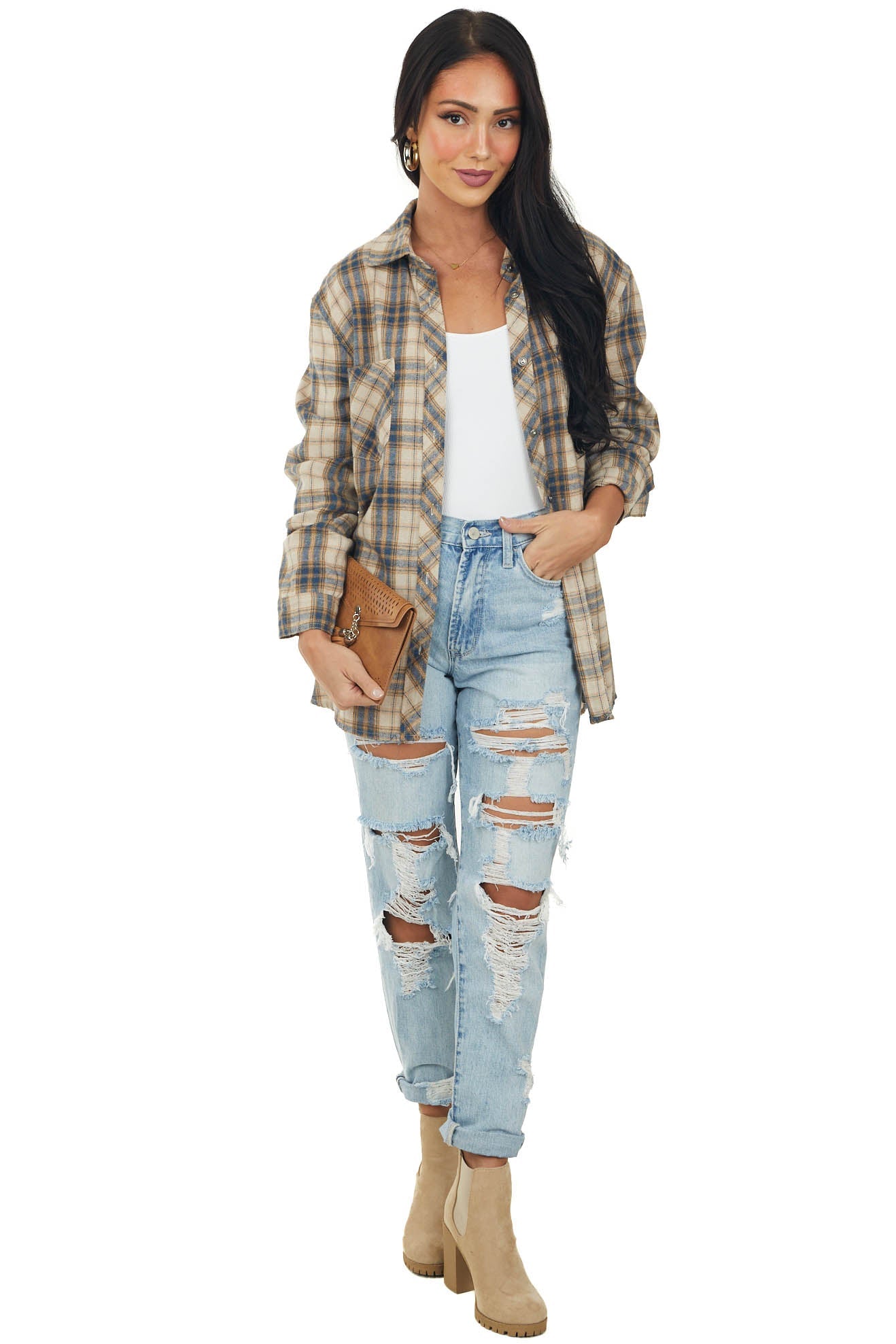 Cobalt Plaid Button Front Flannel Shirt