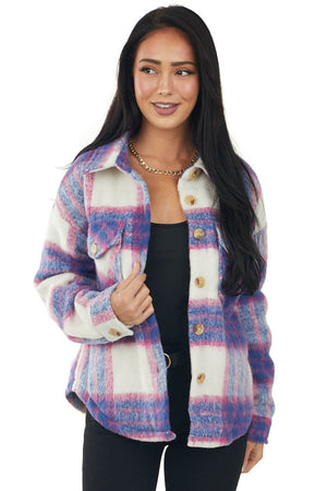 Cobalt Plaid Collared Button Up Shirt Jacket