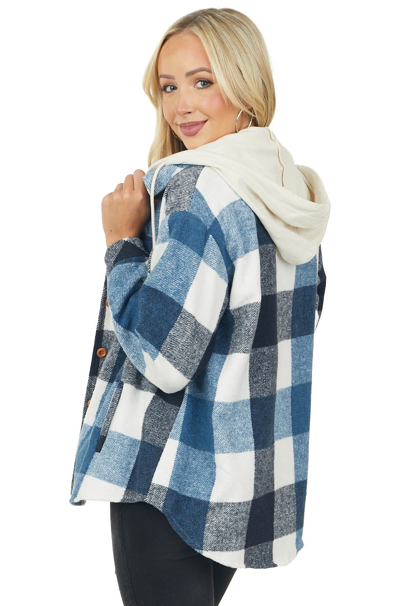 Cobalt Plaid Drawstring Hood Fleece Shacket