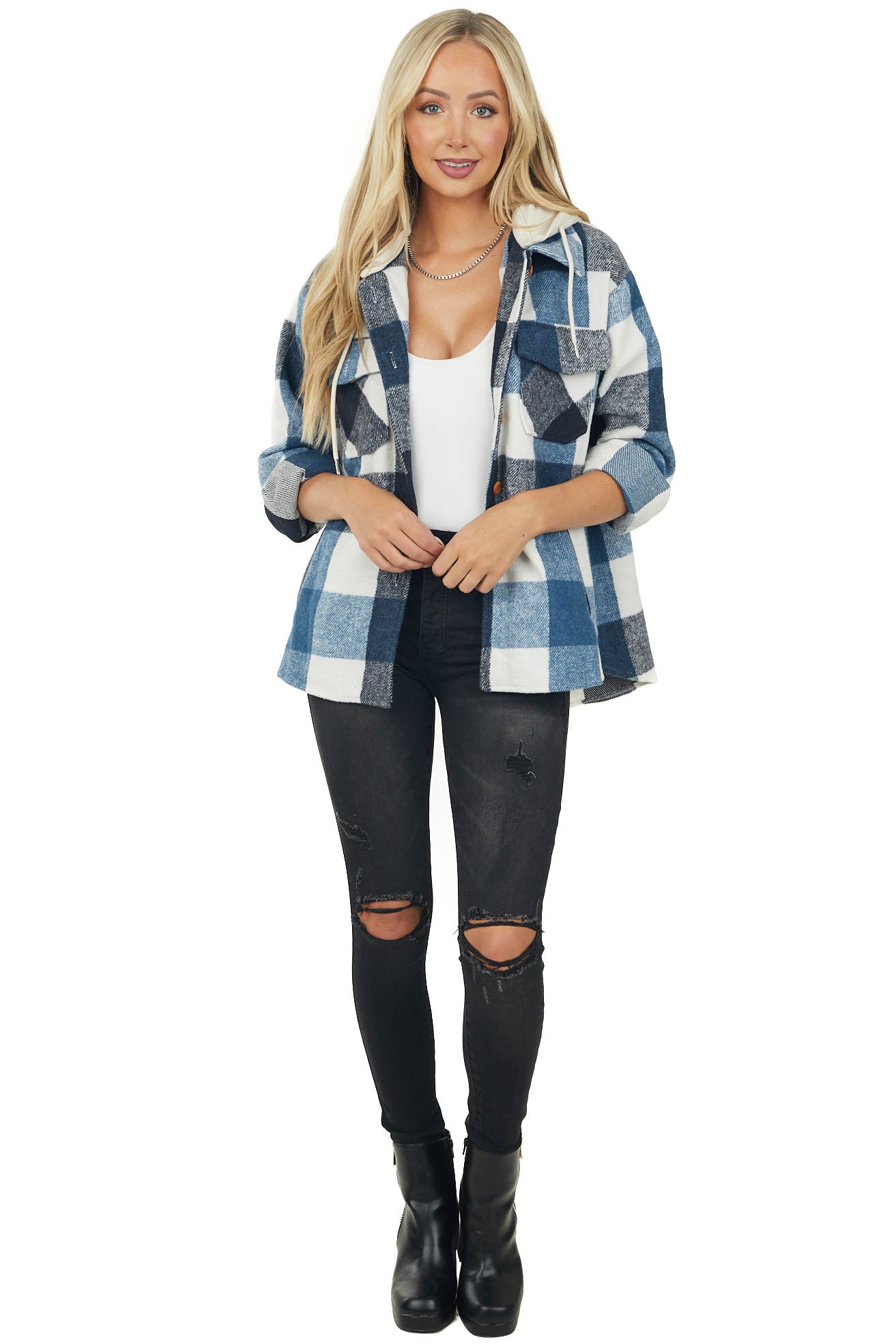 Cobalt Plaid Drawstring Hood Fleece Shacket